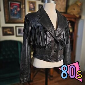 Vintage 80s Maggie Lawrence Black Leather Fringe Western Cropped Moto Jacket